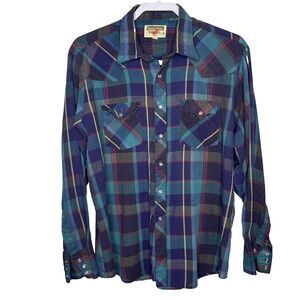 Authentic Western Youngbloods Shirt Mens Large L Plaid Pearl Snap Cowboy VTG 80s
